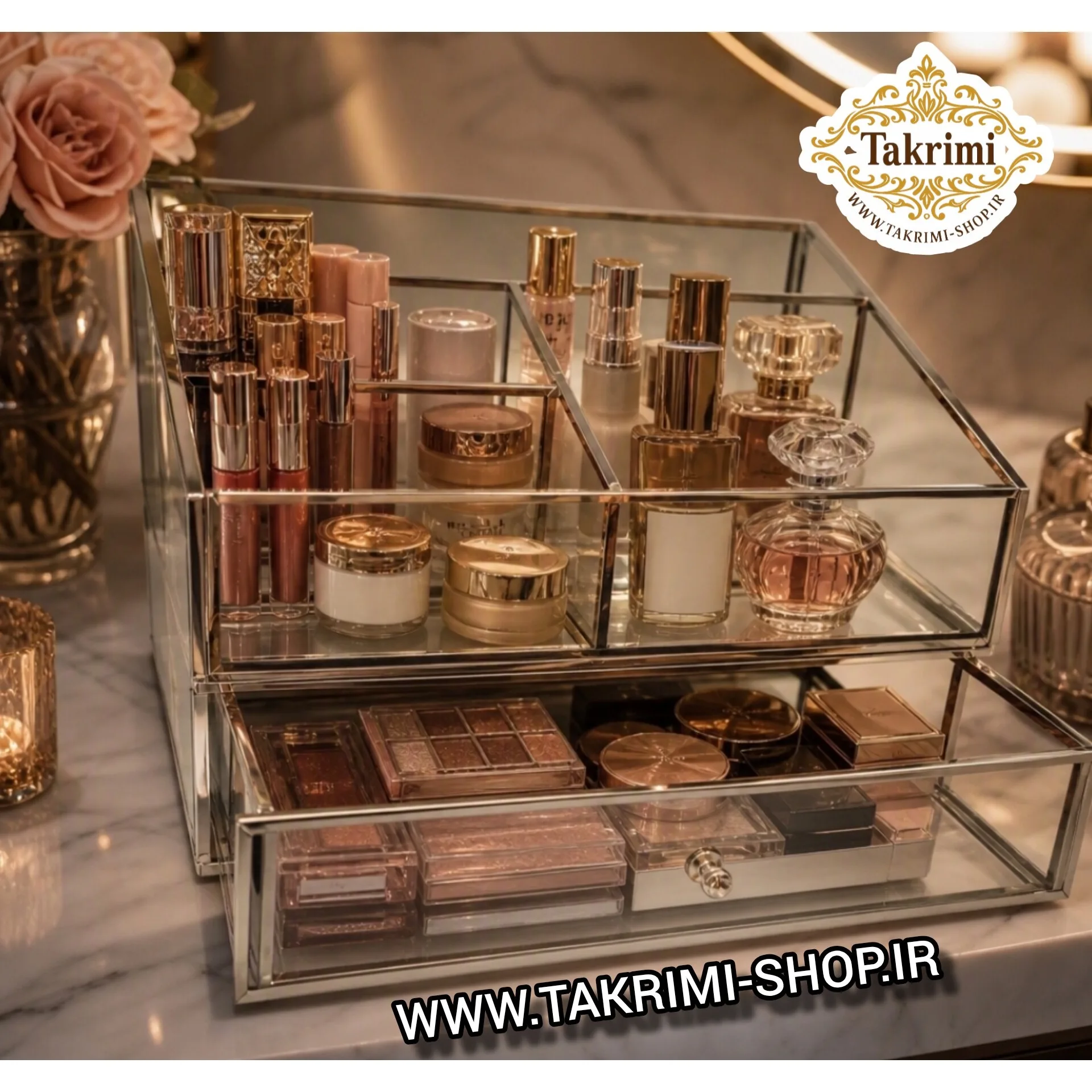 قیمت و خرید استند لوازم آرایشی جای لوازم آرایشی کشو دار نقره ای جنس اصلی ، شیشه و استیل خالص ( تولیدی تکریمی شاپ ) | ابزار آرایشی | تجهیزات آرایشی | لوازم آرایشی | خارجی | اوریجینال | وارداتی_6ac541b8903db.jpeg