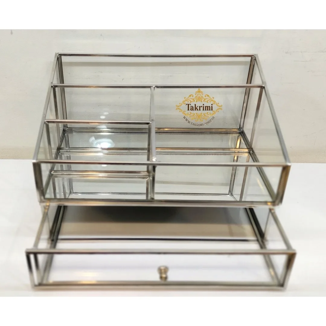 قیمت و خرید استند لوازم آرایشی جای لوازم آرایشی کشو دار نقره ای جنس اصلی ، شیشه و استیل خالص ( تولیدی تکریمی شاپ ) | ابزار آرایشی | تجهیزات آرایشی | لوازم آرایشی | خارجی | اوریجینال | وارداتی_6ac541c98849e.jpeg
