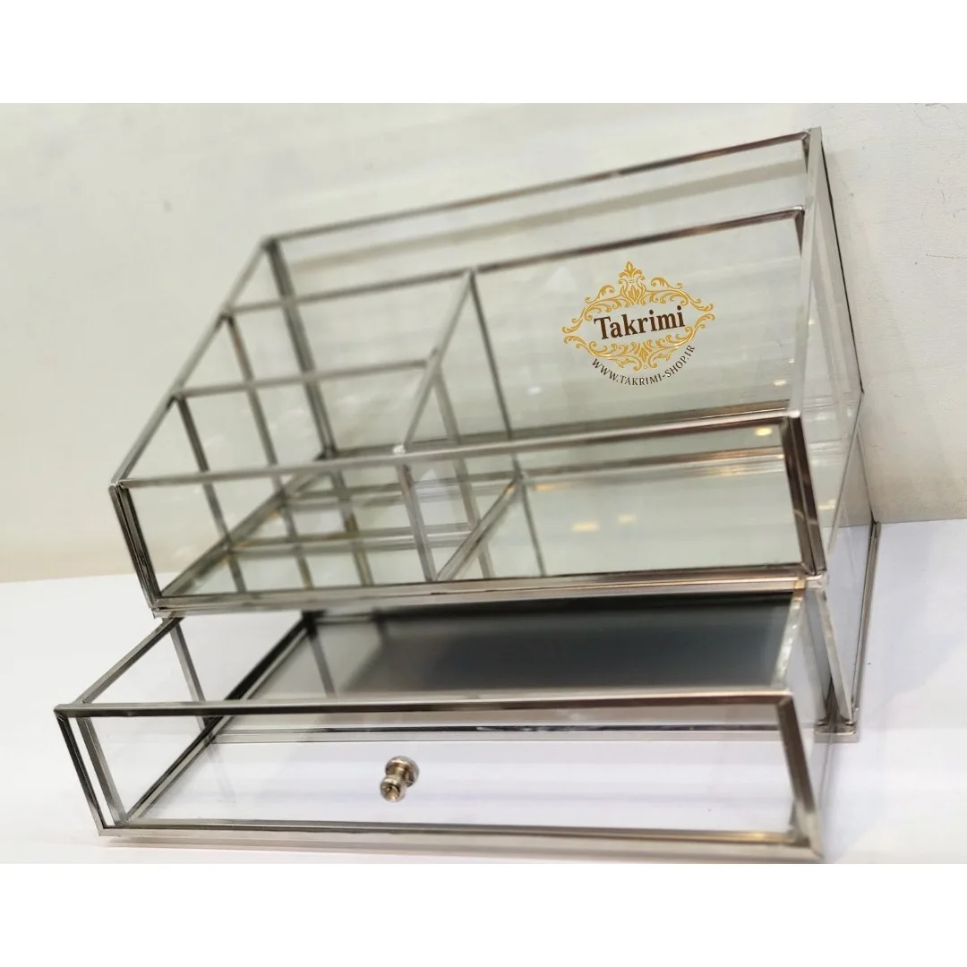 قیمت و خرید استند لوازم آرایشی جای لوازم آرایشی کشو دار نقره ای جنس اصلی ، شیشه و استیل خالص ( تولیدی تکریمی شاپ ) | ابزار آرایشی | تجهیزات آرایشی | لوازم آرایشی | خارجی | اوریجینال | وارداتی_6ac541cba7810.jpeg