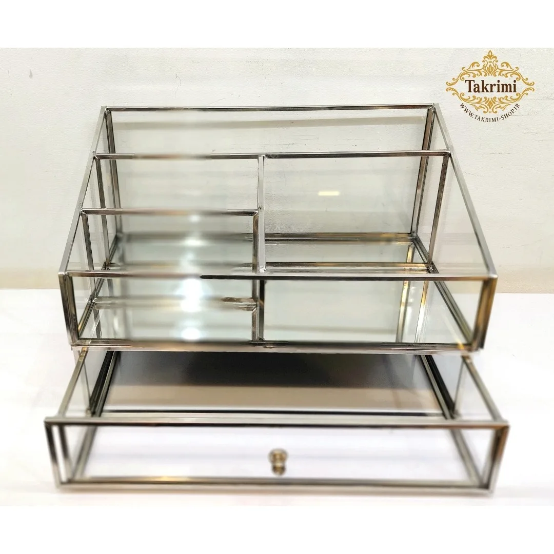 قیمت و خرید استند لوازم آرایشی جای لوازم آرایشی کشو دار نقره ای جنس اصلی ، شیشه و استیل خالص ( تولیدی تکریمی شاپ ) | ابزار آرایشی | تجهیزات آرایشی | لوازم آرایشی | خارجی | اوریجینال | وارداتی_6ac541cdc3e20.jpeg