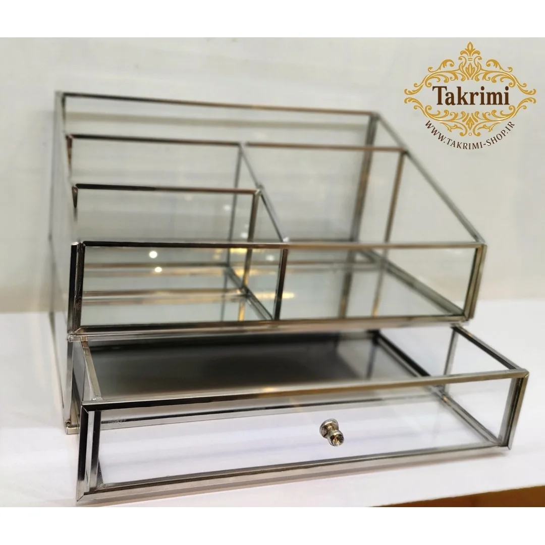 قیمت و خرید استند لوازم آرایشی جای لوازم آرایشی کشو دار نقره ای جنس اصلی ، شیشه و استیل خالص ( تولیدی تکریمی شاپ ) | ابزار آرایشی | تجهیزات آرایشی | لوازم آرایشی | خارجی | اوریجینال | وارداتی_6ac541cff07fd.jpeg